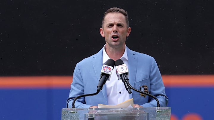 Jul 19, 2025; New York City, New York, USA; New York Mets former third baseman David Wright speaks to fans during his number retirement ceremony before a game against the Cincinnati Reds at Citi Field. Mandatory Credit: Brad Penner-Imagn Images