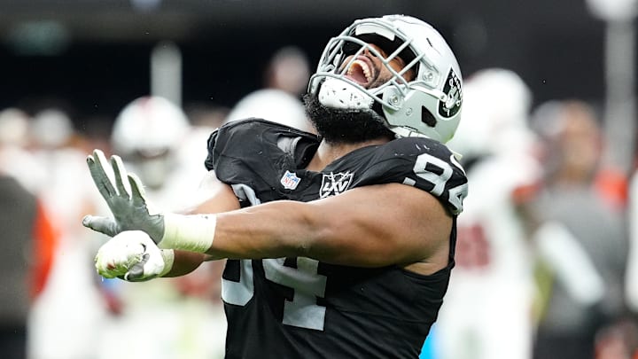 Sep 29, 2024; Paradise, Nevada, USA; Las Vegas Raiders defensive tackle Christian Wilkins (94) celebrates after getting a sack against the Cleveland Browns during the third quarter at Allegiant Stadium. Mandatory Credit: Stephen R. Sylvanie-Imagn Images Sep 29, 2024; Paradise, Nevada, USA; Las Vegas Raiders defensive tackle Christian Wilkins (94) celebrates after getting a sack against the Cleveland Browns during the third quarter at Allegiant Stadium. Mandatory Credit: Stephen R. Sylvanie-Imagn Images