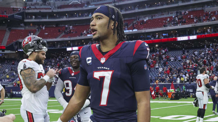 Nov 5, 2023; Houston, Texas, USA; Houston Texans quarterback C.J. Stroud (7) walks on the field after the game against the Tampa Bay Buccaneers at NRG Stadium. Mandatory Credit: Troy Taormina-USA TODAY Sports Nov 5, 2023; Houston, Texas, USA; Houston Texans quarterback C.J. Stroud (7) walks on the field after the game against the Tampa Bay Buccaneers at NRG Stadium. Mandatory Credit: Troy Taormina-USA TODAY Sports