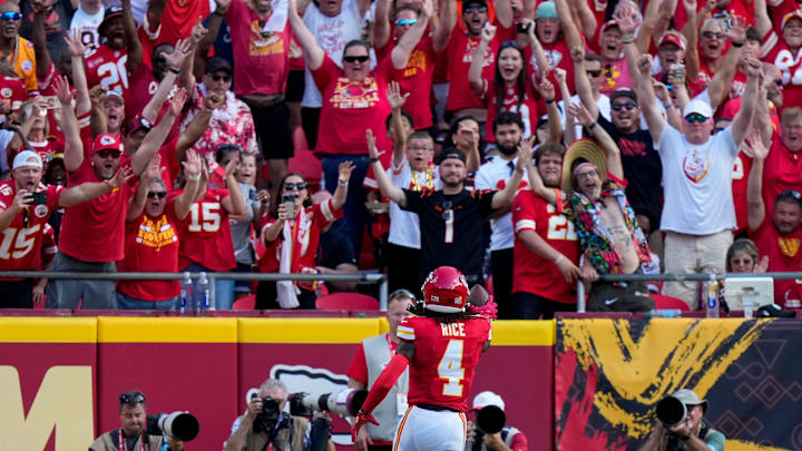 Kansas City Chiefs wide receiver Rashee Rice (4) runs in a deep pass for a touchdown in the second quarter of the NFL Week 2 game between the Kansas City Chiefs and the Cincinnati Bengals at Arrowhead Stadium in Kansas City on Sunday, Sept. 15, 2024. The Bengals led 16-10 at halftime.