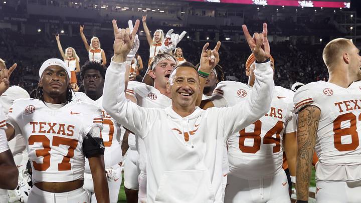 Texas Longhorns head coach Steve Sarkisian reacts after beating the Mississippi State Bulldogs in overtime at Davis Wade Stadium at Scott Field. Texas Longhorns head coach Steve Sarkisian reacts after beating the Mississippi State Bulldogs in overtime at Davis Wade Stadium at Scott Field.