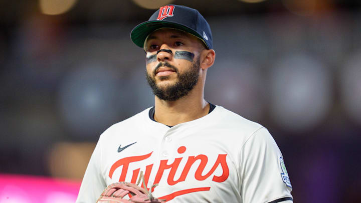 Jul 26, 2025; Minneapolis, Minnesota, USA; Minnesota Twins shortstop Carlos Correa (4) walks to the dugout after the ninth inning against the Washington Nationals at Target Field. Jul 26, 2025; Minneapolis, Minnesota, USA; Minnesota Twins shortstop Carlos Correa (4) walks to the dugout after the ninth inning against the Washington Nationals at Target Field.