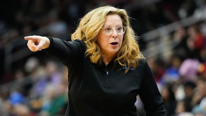 Jan 20, 2025; Newark, New Jersey, USA; UCLA Bruins head coach Cori Close reacts to a play against the Baylor Lady Bears during the first half at Prudential Center. Mandatory Credit: Chris Jones-Imagn Images