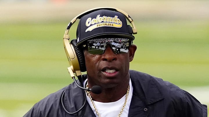 Aug 29, 2025; Boulder, Colorado, USA; Colorado Buffaloes head coach Deion Sanders during the first quarter against the Georgia Tech Yellow Jackets at Folsom Field. Mandatory Credit: Ron Chenoy-Imagn Images