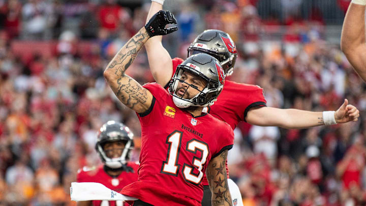 Dec 24, 2023; Tampa, Florida, USA; Tampa Bay Buccaneers wide receiver Mike Evans (13) celebrates the