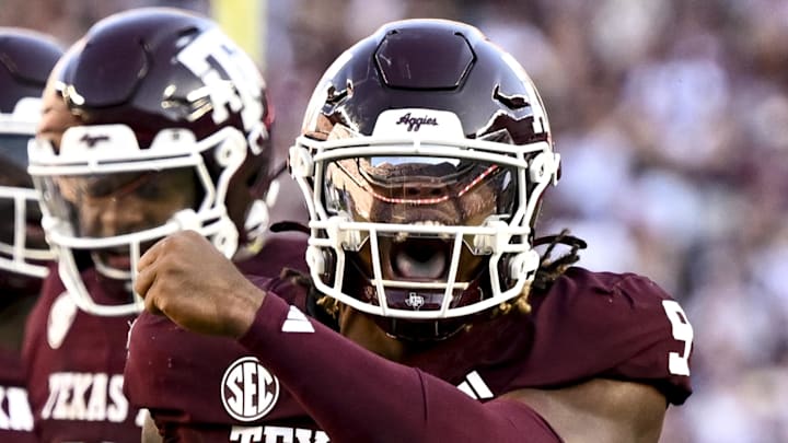 Sep 27, 2025; College Station, Texas, USA; Texas A&M Aggies defensive end Cashius Howell (9) reacts after a sack during the fourth quarter against the Auburn Tigers at Kyle Field. Mandatory Credit: Maria Lysaker-Imagn Images