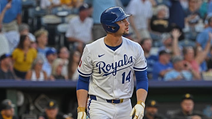Kansas City Royals right fielder Jac Caglianone (14) looks on after hitting a two-run home run in the fourth inning against the Pittsburgh Pirates at Kauffman Stadium on July 9. 