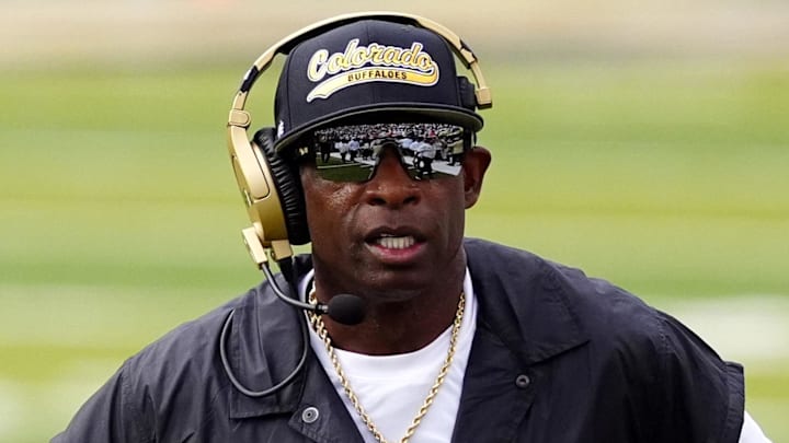 Aug 29, 2025; Boulder, Colorado, USA; Colorado Buffaloes head coach Deion Sanders during the first quarter against the Georgia Tech Yellow Jackets at Folsom Field. Mandatory Credit: Ron Chenoy-Imagn Images