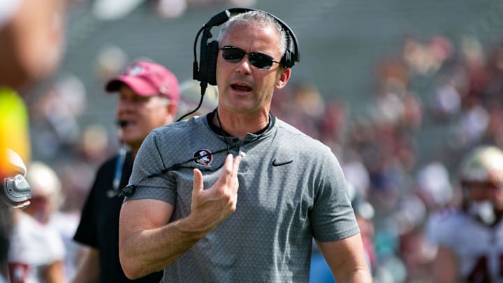 Florida State Seminoles head coach Mike Norvell gets pumped up after a play. Seminole fans watched as the Florida State football team hosted the FSU Garnet and Gold Spring Showcase on Saturday, April 15, 2023.

Fsu Spring Game712