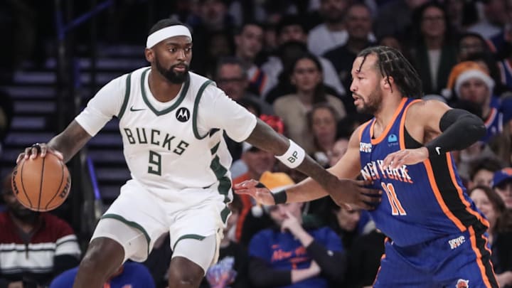 Dec 23, 2023; New York, New York, USA;  Milwaukee Bucks forward Bobby Portis (9) looks to drive past New York Knicks guard Jalen Brunson (11) in the first quarter at Madison Square Garden. Mandatory Credit: Wendell Cruz-Imagn Images