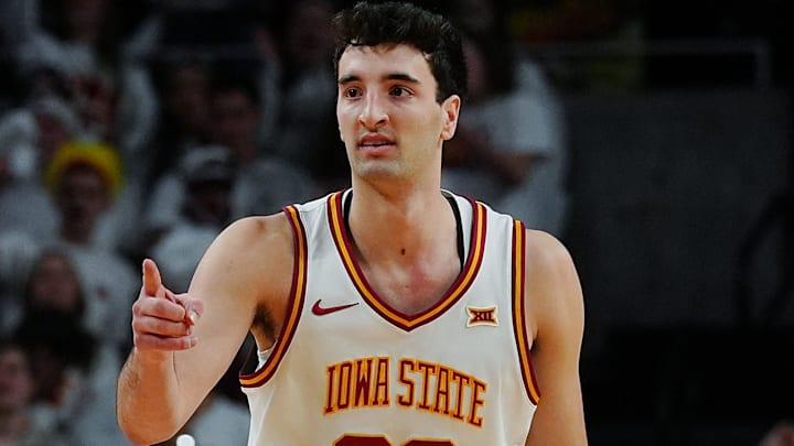 Iowa State Cyclones forward Milan Momcilovic (22) reacts after a three-point shot against Baylor during the first half in the Big-12 men’s basketball on Feb. 7, 2026, at Hilton Coliseum in Ames, Iowa