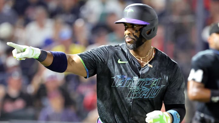 Sep 19, 2025; Tampa, Florida, USA;  Tampa Bay Rays designated hitter Yandy Diaz (2) hits a home run during the third inning against the Boston Red Sox at George M. Steinbrenner Field. 