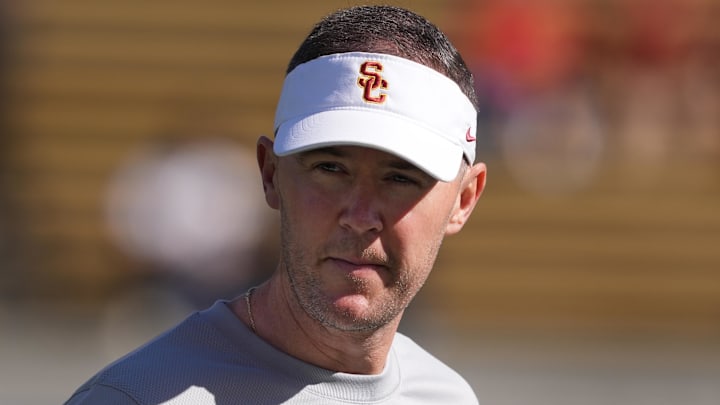 Oct 28, 2023; Berkeley, California, USA; USC Trojans head coach Lincoln Riley walks on the field before a game against the California Golden Bears at California Memorial Stadium. Mandatory Credit: Darren Yamashita-Imagn Images