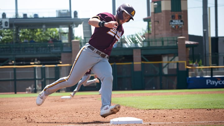 Sun Devils pitcher Brandon Compton (#27) rounds third at Scottsdale Stadium on May 23, 2024.