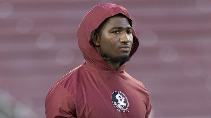 Oct 18, 2025; Stanford, California, USA;  Florida State Seminoles defensive lineman Mandrell Desir (93) warms up before the start of the first quarter against the Stanford Cardinal at Stanford Stadium. Mandatory Credit: Stan Szeto-Imagn Images