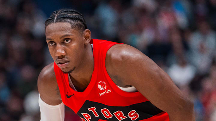 Oct 6, 2025; Vancouver, British Columbia, CAN; Toronto Raptors guard RJ Barrett (9) during a stop in play against the Denver Nuggets in the first half at Rogers Arena. Mandatory Credit: Bob Frid-Imagn Images