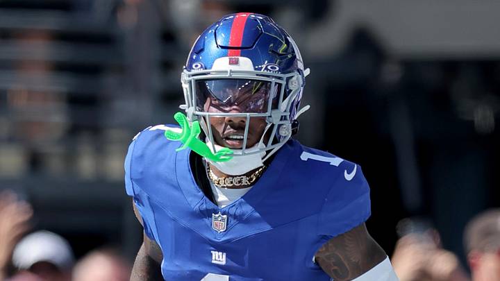 Sep 28, 2025; East Rutherford, New Jersey, USA; New York Giants wide receiver Malik Nabers (1) during the first quarter against the Los Angeles Chargers at MetLife Stadium. Sep 28, 2025; East Rutherford, New Jersey, USA; New York Giants wide receiver Malik Nabers (1) during the first quarter against the Los Angeles Chargers at MetLife Stadium.