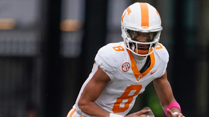 Tennessee quarterback Nico Iamaleava (8) looks for a receiver during the second quarter at FirstBank Stadium in Nashville, Tenn., Saturday, Nov. 30, 2024.