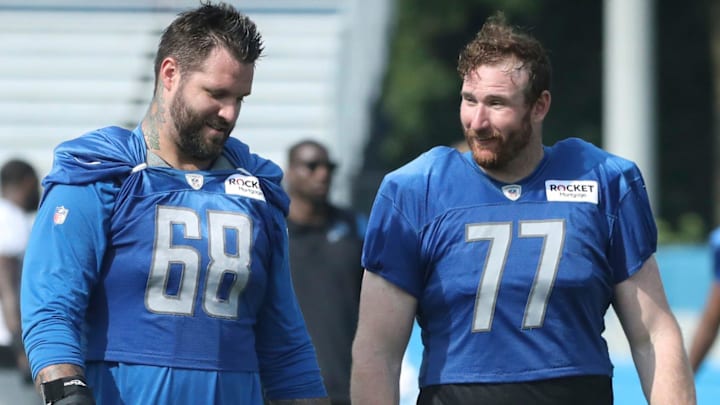 Former Detroit Lions offensive tackle Taylor Decker (68) and former center Frank Ragnow (77) Former Detroit Lions offensive tackle Taylor Decker (68) and former center Frank Ragnow (77)
