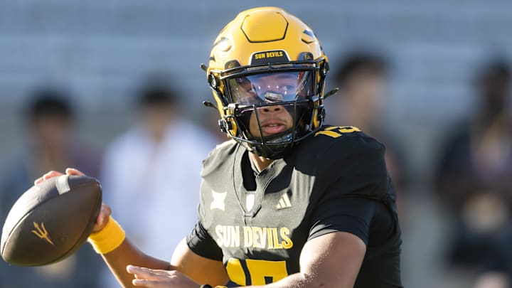 Oct 25, 2025; Tempe, Arizona, USA; Arizona State Sun Devils quarterback Cameron Dyer (13) against the Houston Cougars at Mountain America Stadium. Mandatory Credit: Mark J. Rebilas-Imagn Images