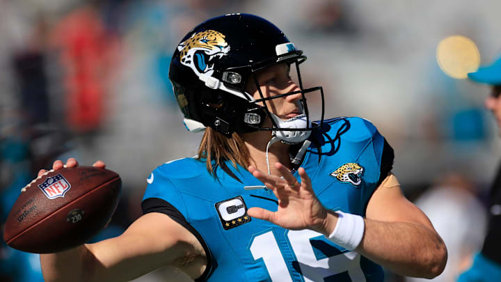 Jacksonville Jaguars quarterback Trevor Lawrence (16) warms up before an NFL football matchup Sunday, Dec. 1, 2024 at EverBank Stadium in Jacksonville, Fla. [Corey Perrine/Florida Times-Union]