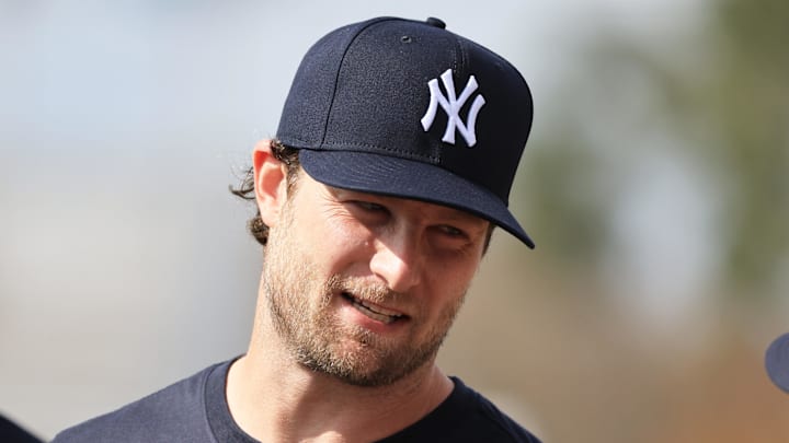Feb 12, 2026; Tampa, FL, USA;  New York Yankees pitcher Gerrit Cole (45) works out during spring training workouts at George M. Steinbrenner Field. Mandatory Credit: Kim Klement Neitzel-Imagn Images