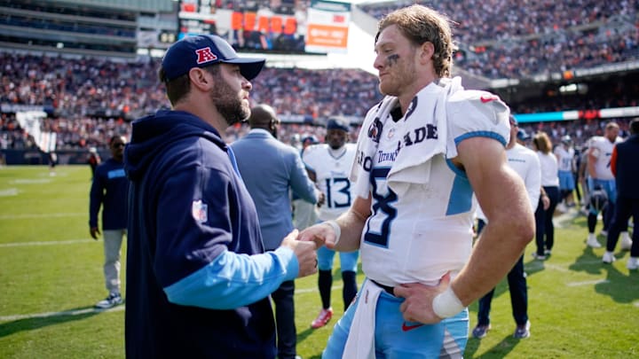 Tennessee Titans Head Coach Brian Callahan talks with quarterback Will Levis (8) on the field after their 24-17 loss against the Chicago Bears at Soldier Field in Chicago, Ill., Sunday, Sept. 8, 2024. Tennessee Titans Head Coach Brian Callahan talks with quarterback Will Levis (8) on the field after their 24-17 loss against the Chicago Bears at Soldier Field in Chicago, Ill., Sunday, Sept. 8, 2024.