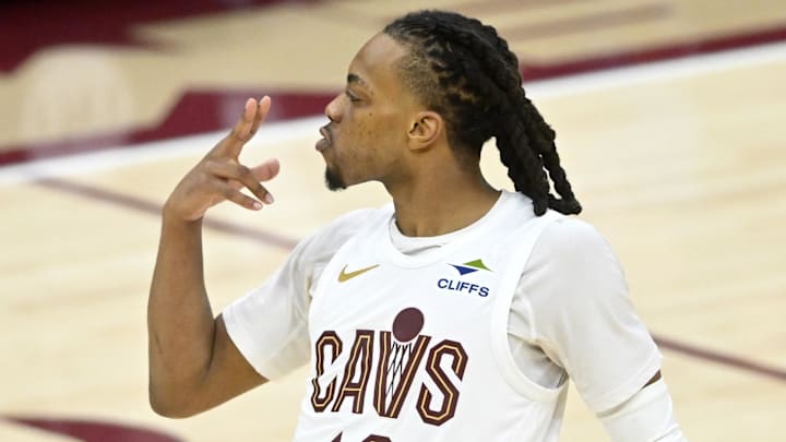 Apr 20, 2025; Cleveland, Ohio, USA; Cleveland Cavaliers guard Darius Garland (10) celebrates after making a three-point basket in the fourth quarter at Rocket Arena. Mandatory Credit: David Richard-Imagn Images Apr 20, 2025; Cleveland, Ohio, USA; Cleveland Cavaliers guard Darius Garland (10) celebrates after making a three-point basket in the fourth quarter at Rocket Arena. Mandatory Credit: David Richard-Imagn Images