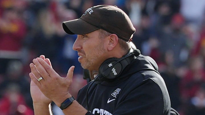 Iowa State head coach Matt Campbell celebrates after an interception by defenders against Kansas during the fourth quarter in the senior day on Nov. 22, 2025, at Jack Trice Stadium in Ames, Iowa