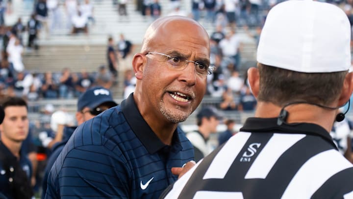 Penn State head coach James Franklin argues a penalty call at the end of an NCAA football game against Nevada, Saturday, August 30, 2025, in State College, Pa.