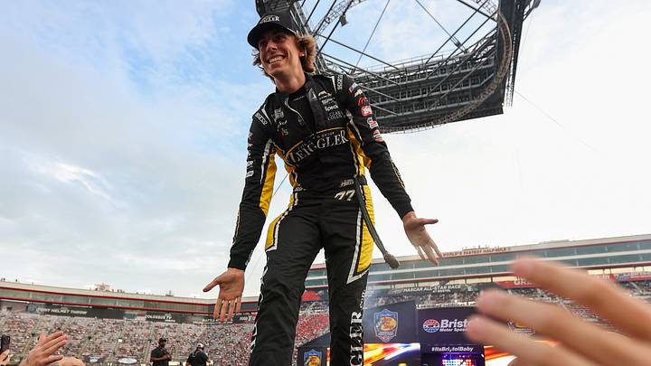 Sep 19, 2026; Bristol, Tennessee, USA;  Spire Motorsports driver Carson Hocevar (77) during driver introductions for the Bass Pro Shops Night Race at Bristol Motor Speedway. Randy Sartin-Imagn Images