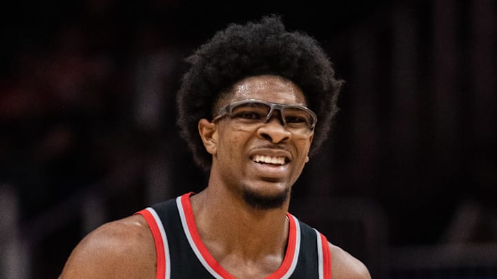 Mar 27, 2024; Atlanta, Georgia, USA; Portland Trail Blazers guard Scoot Henderson (00) reacts to call in the game against Atlanta Hawks during the first quarter at State Farm Arena. Mandatory Credit: Jordan Godfree-Imagn Images Mar 27, 2024; Atlanta, Georgia, USA; Portland Trail Blazers guard Scoot Henderson (00) reacts to call in the game against Atlanta Hawks during the first quarter at State Farm Arena. Mandatory Credit: Jordan Godfree-Imagn Images