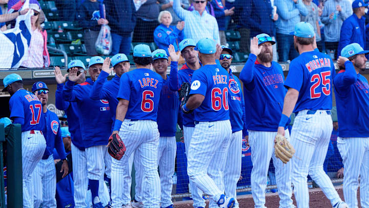 Mar 8, 2025; Mesa, Arizona, USA; A general view as the Chicago Cubs celebrate their win over the Seattle Mariners during a spring training game at Sloan Park. The Cubs beat the Mariners 9-8