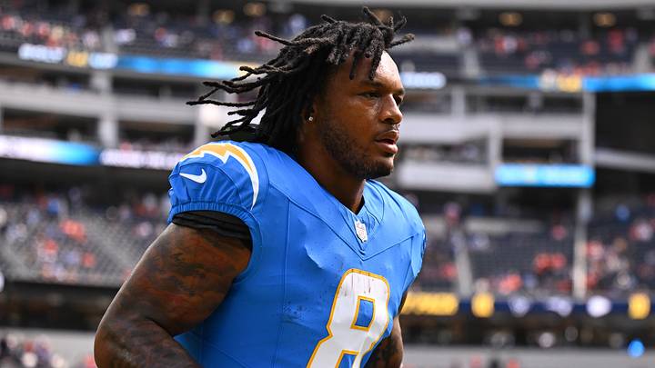 Oct 11, 2026; Inglewood, California, USA;  Los Angeles Chargers running back Omarion Hampton (8) is seen prior to the game against the Denver Broncos at SoFi Stadium.  Mandatory Credit: William Liang-Imagn Images