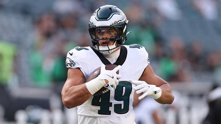 Aug 7, 2025; Philadelphia, Pennsylvania, USA; Philadelphia Eagles tight end Cameron Latu (49) before action against the Cincinnati Bengals at Lincoln Financial Field. Mandatory Credit: Bill Streicher-Imagn Images