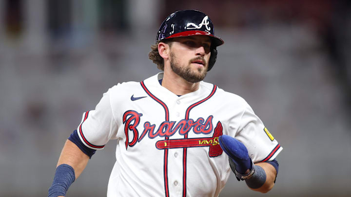 May 12, 2026; Atlanta, Georgia, USA; Atlanta Braves third baseman Austin Riley (27) runs to third against the Chicago Cubs in the eighth inning at Truist Park. Mandatory Credit: Brett Davis-Imagn Images
