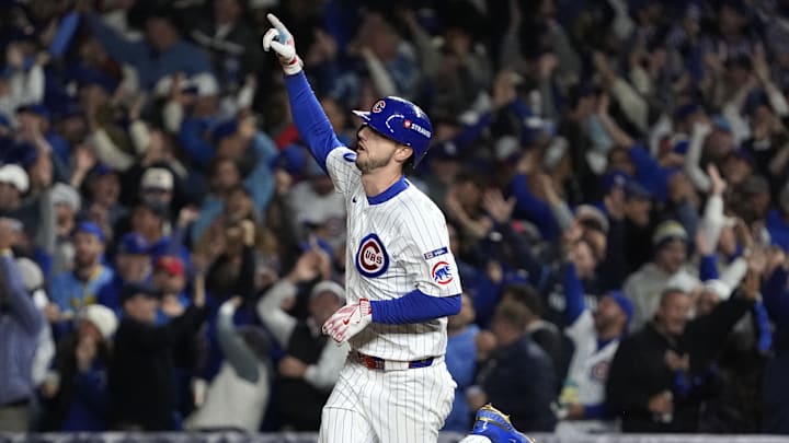 Oct 9, 2025; Chicago, Illinois, USA; Chicago Cubs right fielder Kyle Tucker (30) reacts after hitting a home run against the Milwaukee Brewers during the seventh inning for game four of the NLDS round for the 2025 MLB playoffs at Wrigley Field. Mandatory Credit: David Banks-Imagn Images