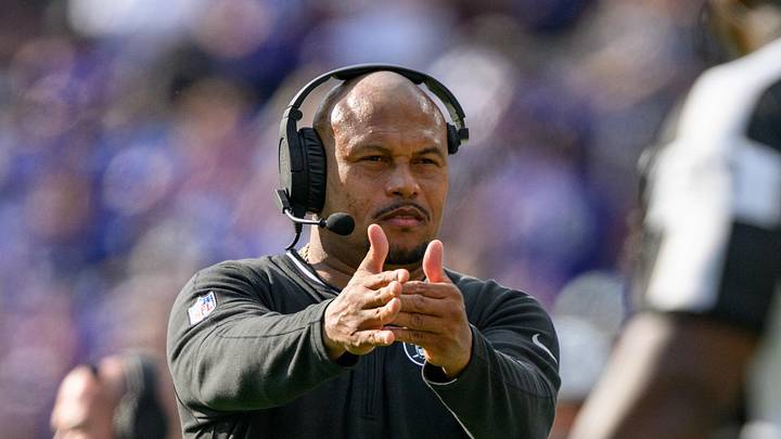 Sep 15, 2024; Baltimore, Maryland, USA; Las Vegas Raiders head coach Antonio Pierce calls a time out during the second half against the Baltimore Ravens at M&T Bank Stadium. Mandatory Credit: Reggie Hildred-Imagn Images