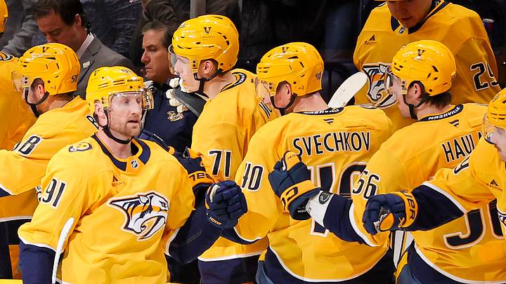 Jan 22, 2026; Nashville, Tennessee, USA; Nashville Predators center Steven Stamkos (91) celebrates with his teammates after scoring a goal against the Ottawa Senators during the second period at Bridgestone Arena. Mandatory Credit: Steve Roberts-Imagn Images Jan 22, 2026; Nashville, Tennessee, USA; Nashville Predators center Steven Stamkos (91) celebrates with his teammates after scoring a goal against the Ottawa Senators during the second period at Bridgestone Arena. Mandatory Credit: Steve Roberts-Imagn Images