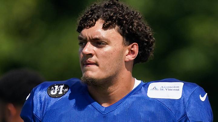 Indianapolis Colts offensive tackle Jalen Travis walks up the field during Indianapolis Colts Training Camp 