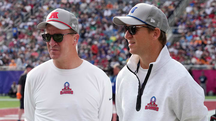 Peyton Manning and Eli Manning coach at the 2025 Pro Bowl Games. Peyton Manning and Eli Manning coach at the 2025 Pro Bowl Games.