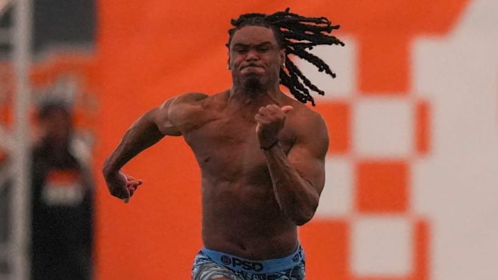 Jermod McCoy runs during Tennessee Football Pro Day 2026, at University of Tennessee on March 31, 2026.