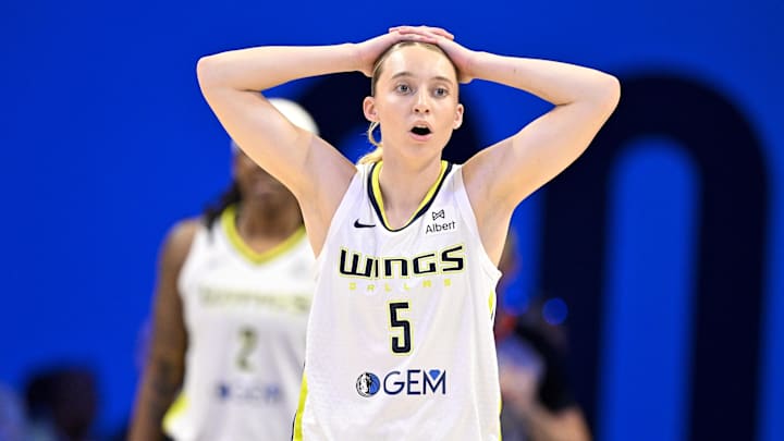 Sep 11, 2025; Arlington, Texas, USA; Dallas Wings guard Paige Bueckers (5) reacts to a call during the first half against the Phoenix Mercury at College Park Center. Mandatory Credit: Jerome Miron-Imagn Images Sep 11, 2025; Arlington, Texas, USA; Dallas Wings guard Paige Bueckers (5) reacts to a call during the first half against the Phoenix Mercury at College Park Center. Mandatory Credit: Jerome Miron-Imagn Images