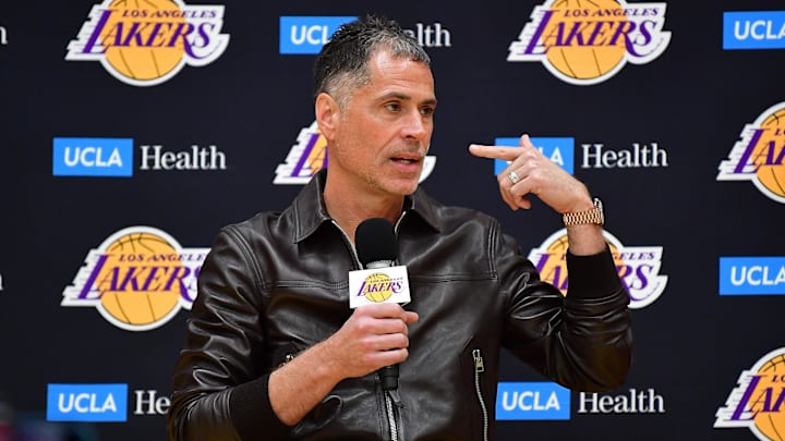Feb 4, 2025; El Segundo, CA, USA; Los Angeles Lakers vice president of basketball operations and general manager Rob Pelinka introduced guard Luka Doncic at UCLA Health Training Center. Mandatory Credit: Gary A. Vasquez-Imagn Images