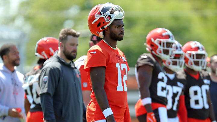 Cleveland Browns quarterback Shedeur Sanders (12) watches from the sideline during day two of NFL rookie minicamp at the Cleveland Browns training facility on Saturday, May 10, 2025, in Berea, Ohio.