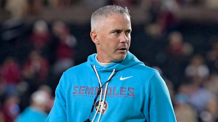 Nov 1, 2025; Tallahassee, Florida, USA; Florida State Seminoles head coach Mike Norvell walks on the field before the game against the Wake Forest Demon Deacons at Doak S. Campbell Stadium. Mandatory Credit: Melina Myers-Imagn Images