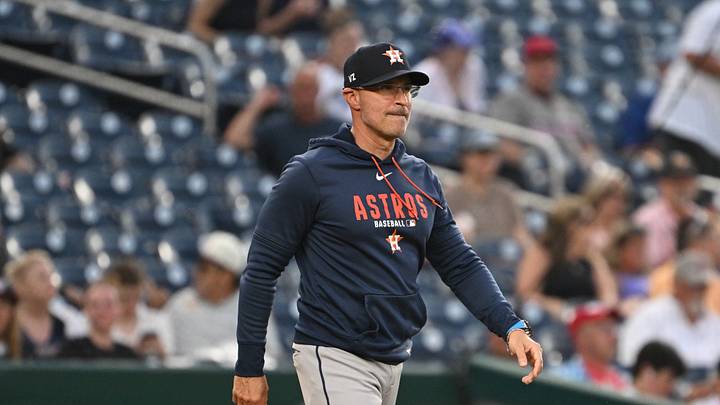 Jul 7, 2026; Washington, District of Columbia, USA; Houston Astros manager Joe Espada (19) walks out to the mound against the Washington Nationals during the fourth inning at Nationals Park. Mandatory Credit: Rafael Suanes-Imagn Images