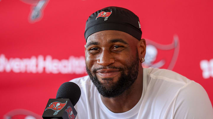 Tampa Bay Buccaneers linebacker Haason Reddick (5) talks to media after training camp 