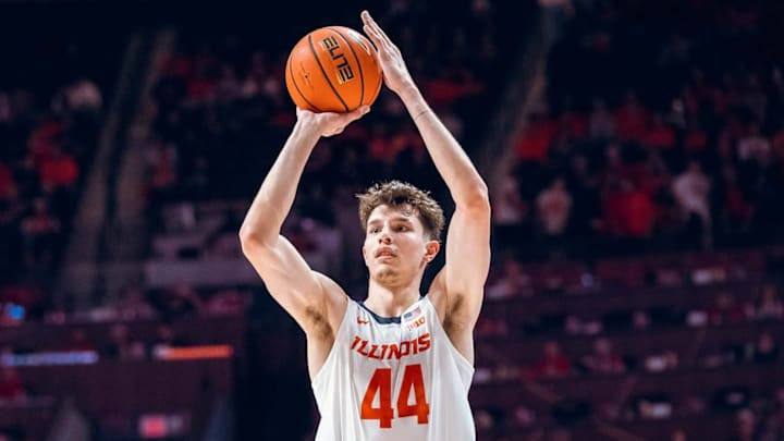 Illinois forward Zvonimir Ivisic (44) pulls up for one of his three three-pointers in the Illini's 92-65 exhibition win over Illinois State on Saturday at State Farm Center in Champaign, Illinois.