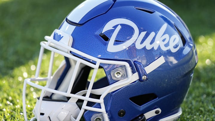Sep 3, 2021; Charlotte, North Carolina, USA; Duke Blue Devils helmet during pregame activities before the start against the Charlotte 49ers at Jerry Richardson Stadium. Mandatory Credit: Jim Dedmon-Imagn Images